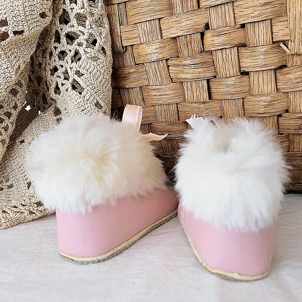 Vintage Baby Booties, Pink Leather, Soft White Rabbit Fur, 1950s, Unused size 0